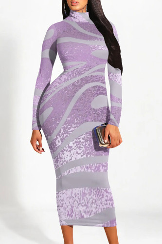 Light Purple Elegant Gradient Print Contrast Half A Turtleneck One Step Skirt Dresses