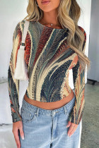 Multicolor Casual Print Patchwork O Neck Mid Waist Tops