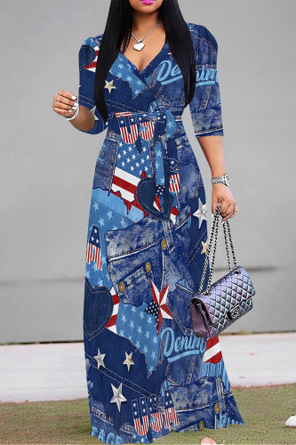 Navy Casual Faux Denim Print Lace Up Contrast V Neck Printed Dresses