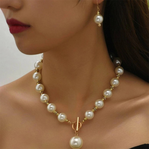 White Gold Fake Pearl Earring Bracelet Necklace Jewelry(Two Pieces)