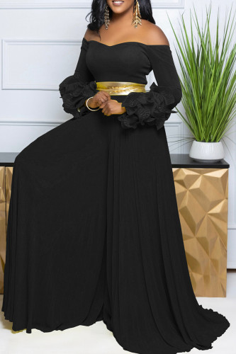Black Casual Solid Color Patchwork Backless Zipper Ruffled Trim Off Shoulder Loose Jumpsuits