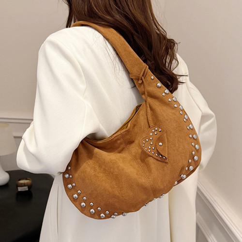 Brown Daily Solid Color Rivets Patchwork Bags