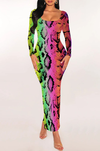 Colour Sexy Snakeskin Print Gradient Contrast U Neck One Step Skirt Dresses