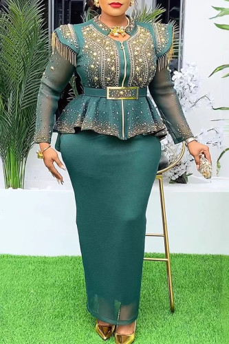Green Elegant Solid Color Fringed Trim Patchwork With Belt Hot Drill O Neck Long Plus Size Two Pieces