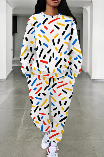 White Yellow Casual Print Pocket Patchwork O Neck Long Sleeve Two Pieces