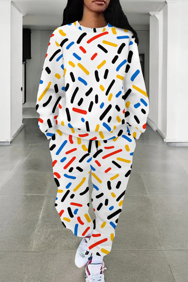 White Yellow Casual Print Pocket Patchwork O Neck Long Sleeve Two Pieces