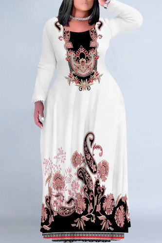 Black And White Casual Street Floral Print Contrast O Neck Printed Plus Size Dresses