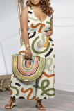 Beige Casual Floral Print Pocket Contrast V Neck Loose Jumpsuits
