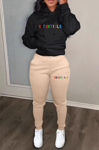 Khaki Casual Letters Draw String Pocket Patchwork Hooded Long Sleeve Two Pieces