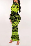 Colour Sexy Snakeskin Print Gradient Contrast U Neck One Step Skirt Dresses