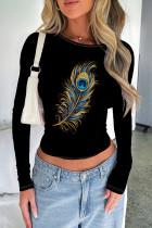 Black Gold Casual Print Patchwork O Neck Mid Waist Tops