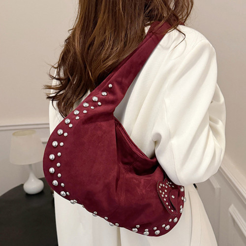 Red Daily Solid Color Rivets Patchwork Bags