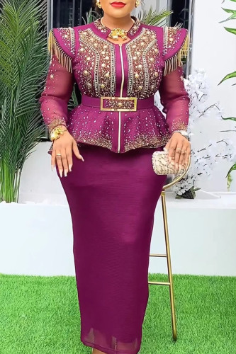 Purplish Red Elegant Solid Color Fringed Trim Patchwork With Belt Hot Drill O Neck Long Plus Size Two Pieces