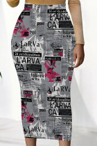 Grey Casual Butterfly Newspaper printing Contrast Regular High Waist Full Print Bottoms