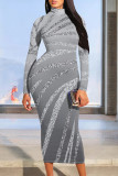 Turquoise Elegant Gradient Print Contrast Half A Turtleneck One Step Skirt Dresses