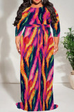 Golden Blue Casual Print Patchwork Strap Design O Neck Long Plus Size Dresses