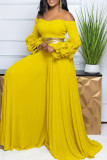 Yellow Casual Solid Color Patchwork Backless Zipper Ruffled Trim Off Shoulder Loose Jumpsuits