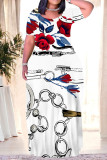 White Casual Flowers Splashed ink Chain print Contrast O Neck Printed Plus Size Dresses