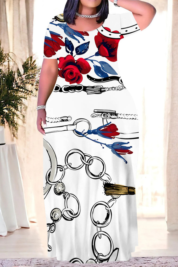 White Casual Flowers Splashed ink Chain print Contrast O Neck Printed Plus Size Dresses