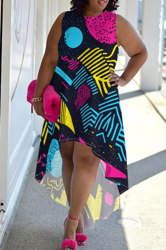Black Yellow Casual Print Patchwork O Neck Irregular Plus Size Dresses