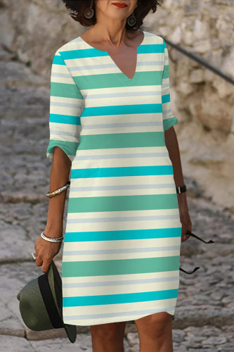 Green Casual Striped Print Gradient V Neck Printed Dresses