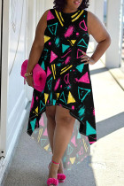 Black Casual Print Patchwork O Neck Irregular Plus Size Dresses