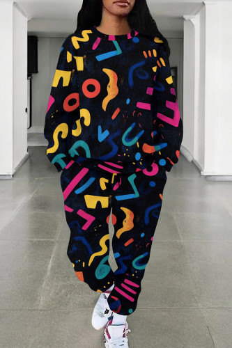 Colour Casual Print Pocket Patchwork O Neck Long Sleeve Two Pieces