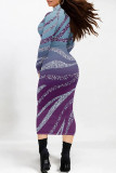 Turquoise Elegant Gradient Print Contrast Half A Turtleneck One Step Skirt Dresses
