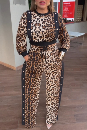 Leopard Print Casual Leopard Draw String Pocket O Neck Long Sleeve Two Pieces(Without Belt)(Without  Waist Chain)