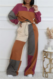 Multicolor Casual Patchwork Contrast Turndown Collar Long Sleeve Two Pieces