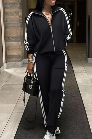 Black Casual Stripe Patchwork Zipper Collar Long Sleeve Two Pieces