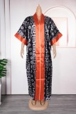 Tangerine Red Casual Print Patchwork V Neck Long Plus Size Dresses