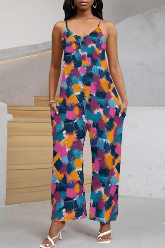 Blue Purple Casual Print Pocket Patchwork Spaghetti Strap Loose Jumpsuits