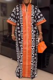 Tangerine Red Casual Print Patchwork V Neck Long Plus Size Dresses