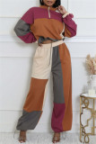 Multicolor Casual Patchwork Contrast Turndown Collar Long Sleeve Two Pieces