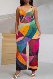 Multicolor Casual Print Pocket Patchwork Spaghetti Strap Loose Jumpsuits