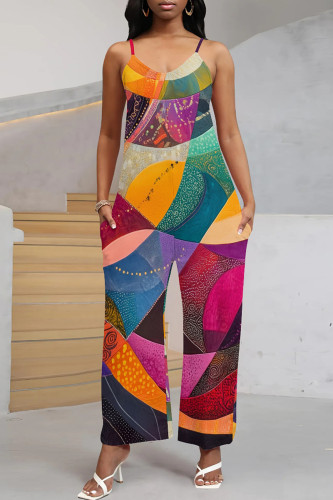 Colour Casual Print Pocket Patchwork Spaghetti Strap Loose Jumpsuits