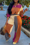 Multicolor Casual Patchwork Contrast Turndown Collar Long Sleeve Two Pieces