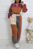 Multicolor Casual Patchwork Contrast Turndown Collar Long Sleeve Two Pieces