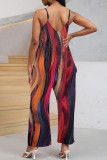 Multicolor Casual Print Pocket Patchwork Spaghetti Strap Loose Jumpsuits