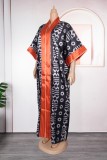 Tangerine Red Casual Print Patchwork V Neck Long Plus Size Dresses
