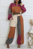 Multicolor Casual Patchwork Contrast Turndown Collar Long Sleeve Two Pieces