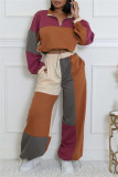 Multicolor Casual Patchwork Contrast Turndown Collar Long Sleeve Two Pieces