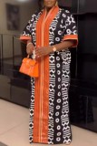 Tangerine Red Casual Print Patchwork V Neck Long Plus Size Dresses