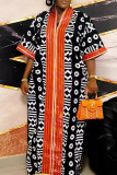 Tangerine Red Casual Print Patchwork V Neck Long Plus Size Dresses