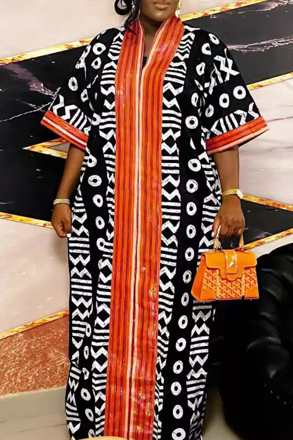 Tangerine Red Casual Print Patchwork V Neck Long Plus Size Dresses
