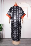 Tangerine Red Casual Print Patchwork V Neck Long Plus Size Dresses