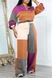 Multicolor Casual Patchwork Contrast Turndown Collar Long Sleeve Two Pieces
