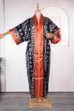 Tangerine Red Casual Print Patchwork V Neck Long Plus Size Dresses