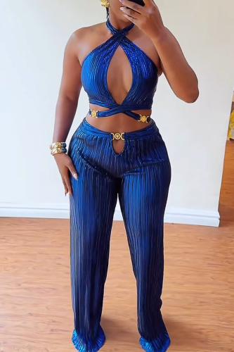 Dark Blue Vacation Elegant Solid Color Hollow Out Metal Accessories Trim Halter Sleeveless Two Pieces